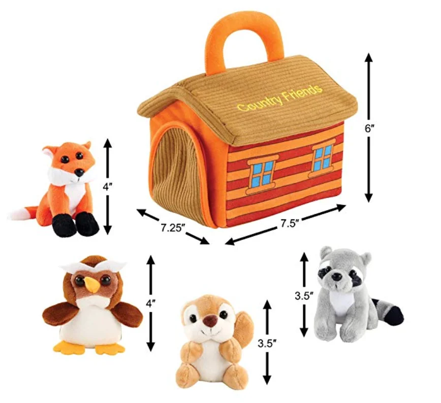 Cute Plush Woodland Animals Toy Set For Kids With Carrier Stuffed Owl, Raccoon, Fox & Squirrel Toys With Sound