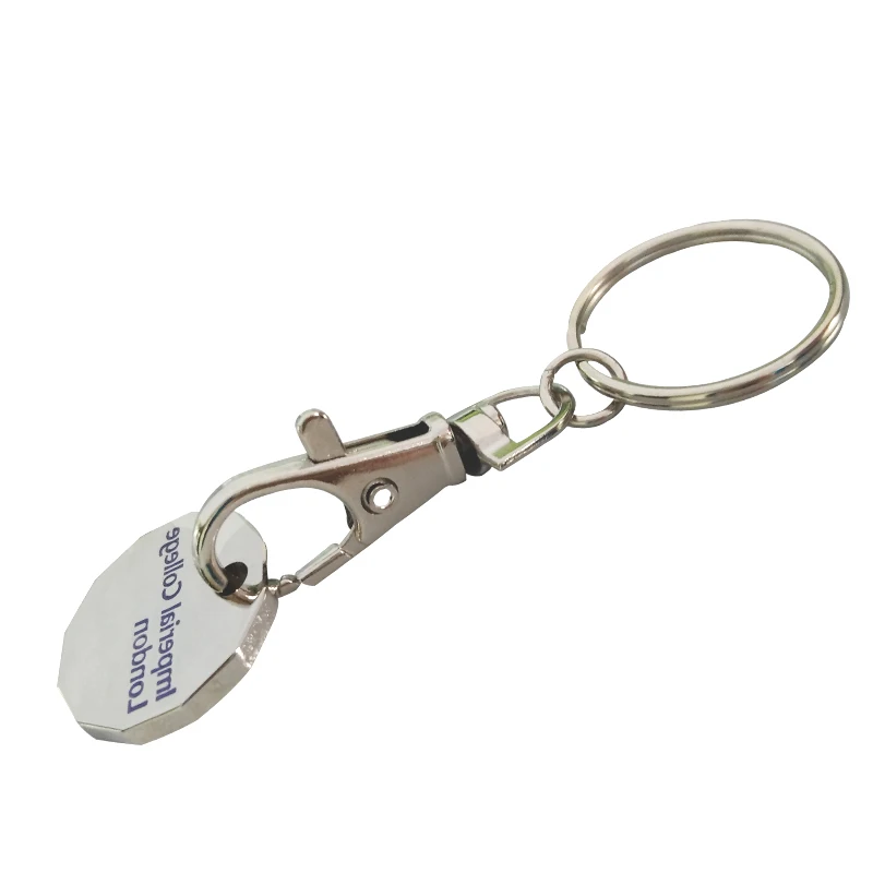 2017 UK new 12 sides shape promotional customized logo shopping trolley coin key chain with CMYK aluminum printed decals