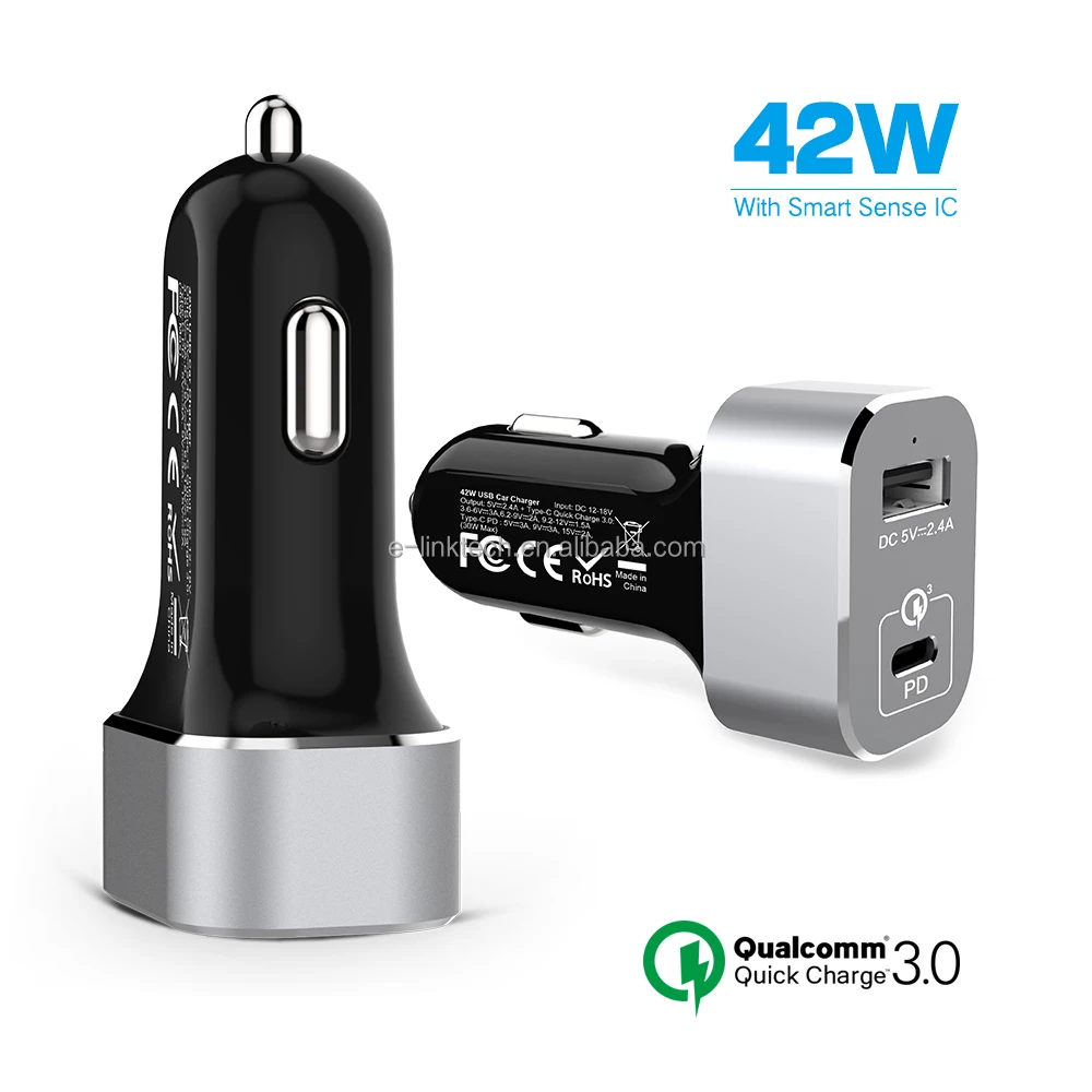 
USB-C PD Car Charger with 30W Power Delivery & 12W USB Dual Port 42W Output for New Macbook iPhone X/8/7 iPad Pro Air Mini 