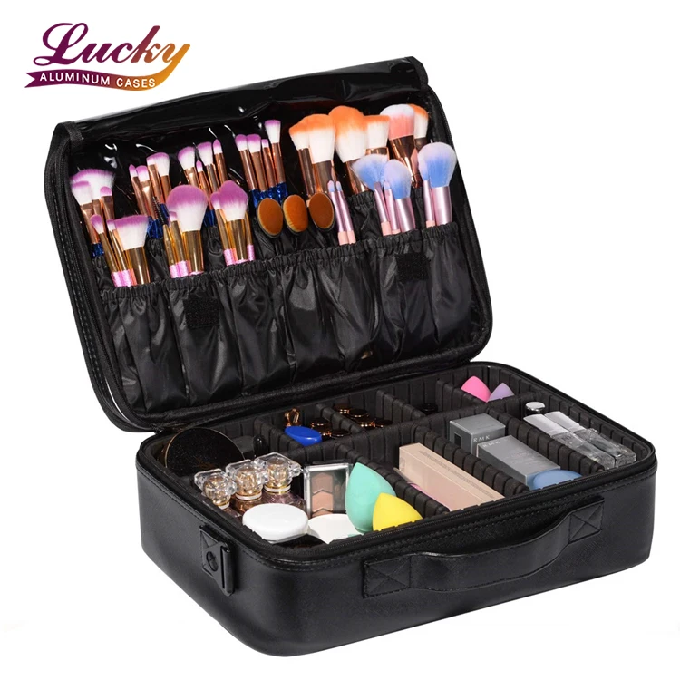 Makeup Bag Organizer Cosmetic Train Case 3 Layer Beauty Artist Storage Brush case with Shoulder Strap PU Leather Designed