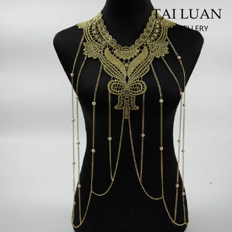 2017 Fashion jewelry lace flower necklace body jewelry tassel upper body chain