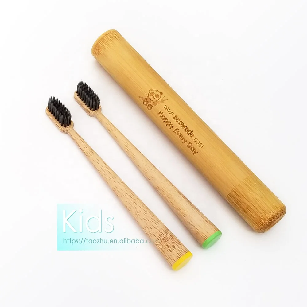 Adult Kids Custom Logo Biodegradable Bamboo Wood Toothbrush with bamboo tube case for travel
