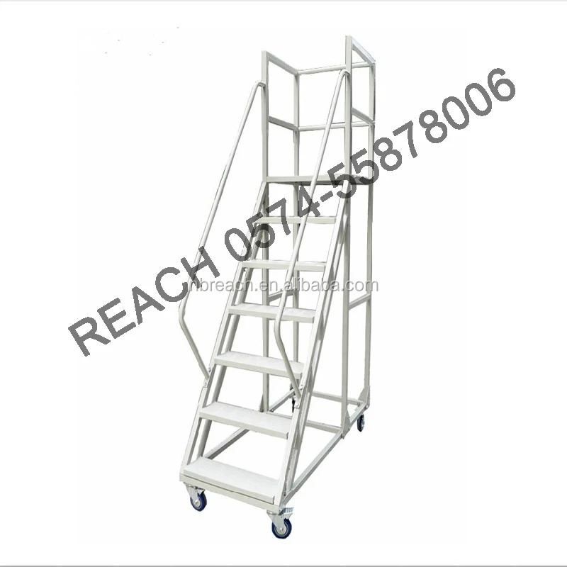 Warehouse Steel Safety Rolling Mobile Platform Ladder with Handrails