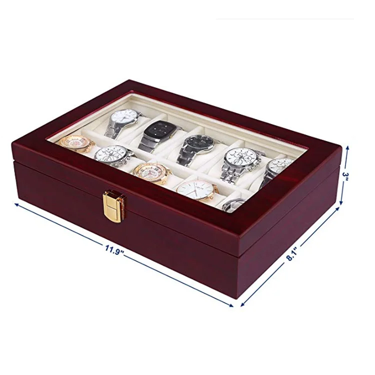 
Cherry Watch Display Case Storage Organizer Large Glass Top Boxes For Watches 