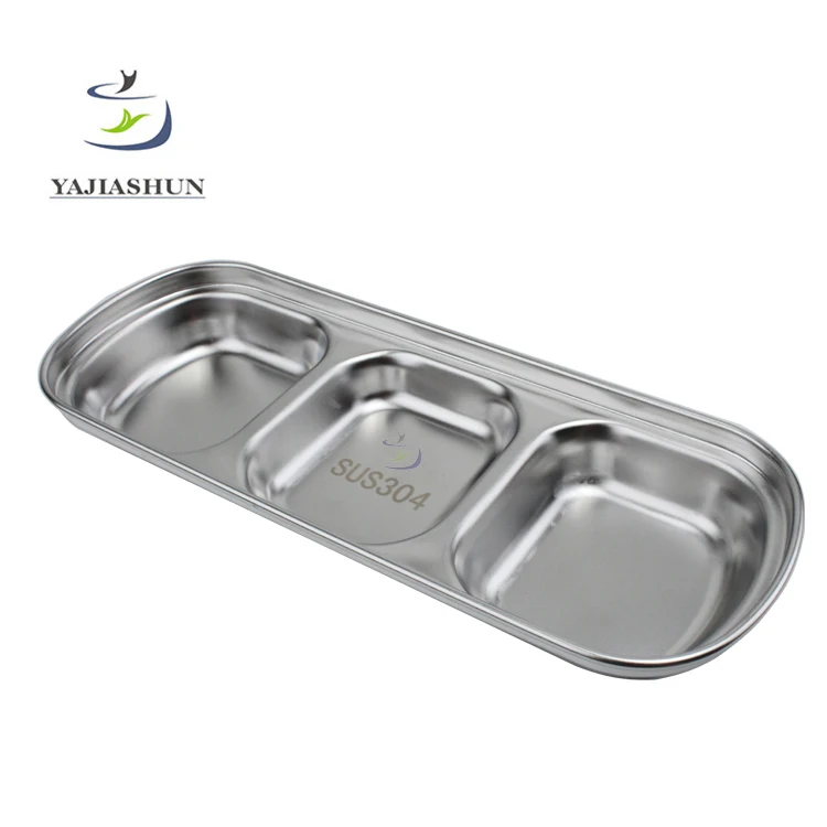 Dish & Plate Rectangular Stainless Steel Divided Snack Serving Dish 3 Compartment Dinner Plates For Sale