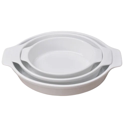 Best Selling Oval Shape White Ceramic Bakeware/Non-Stick Mold Set with Double Handle
