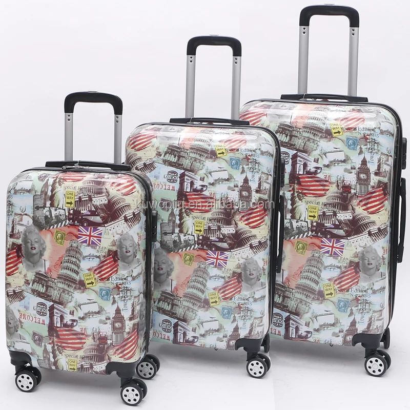 girls print 3pc Hardside 4 Wheels butterfly printed on suitcase spinner ABS PC print luggage sets