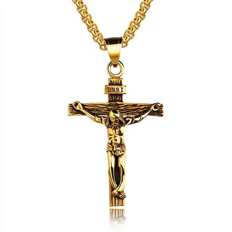 Stainless Steel Gold Plated Religious Cross Necklace Jesus Christian Jewelry Pendant