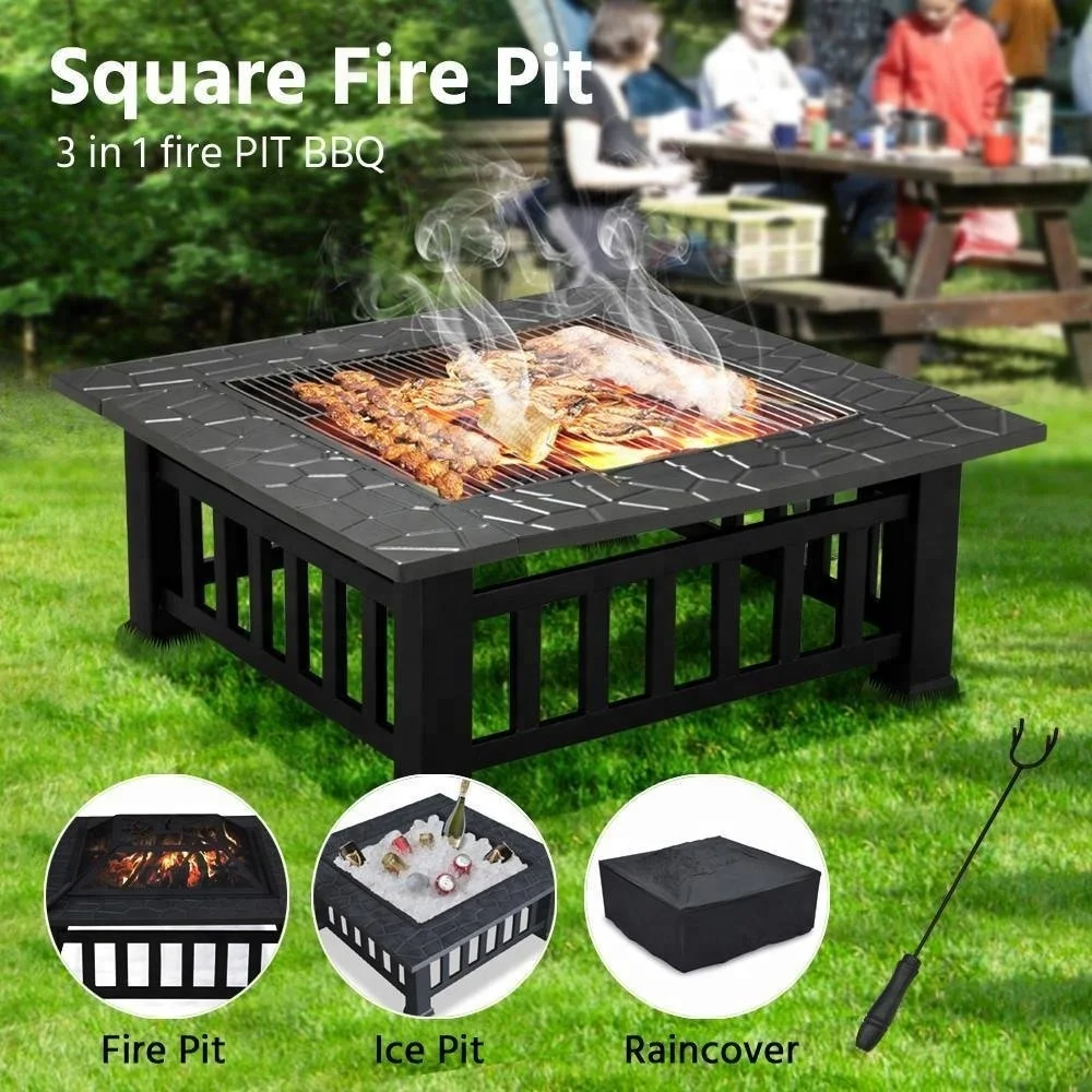 
Outdoor Metal Firepit Backyard Patio Garden Square Stove Fire Pit With cover 
