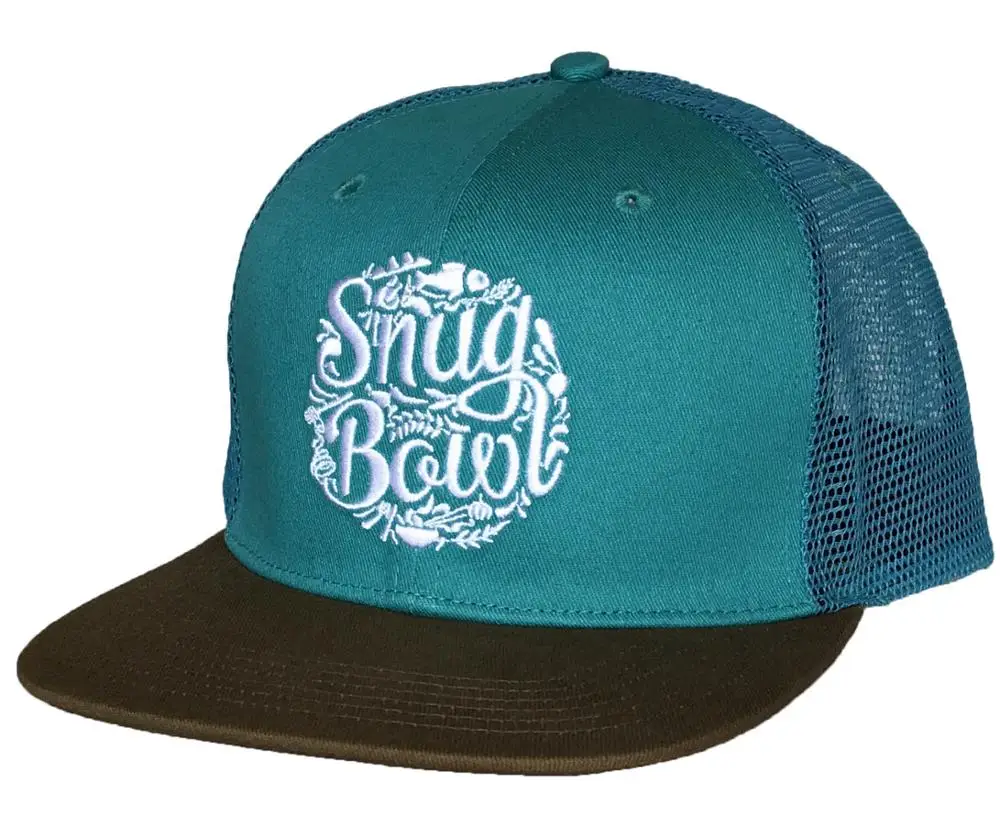 Light blue flat brim 6 panel trucker hat, Flat embroidery logo snapback style trucker cap, custom mesh snapback hat