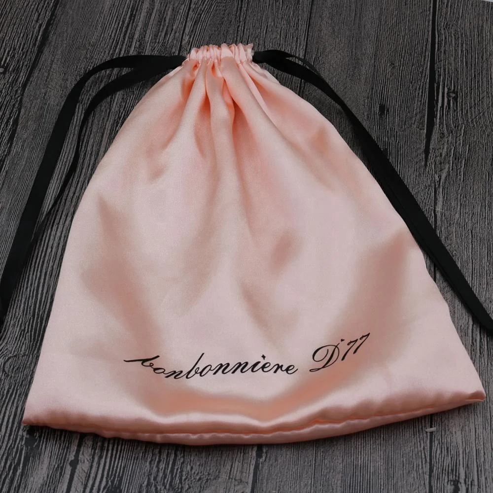 Pink satin bags for hair extensions with logo printed