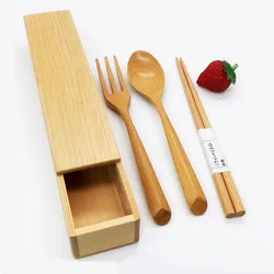 Japanese Design Natural Wooden Material Cutlery Set For Camping