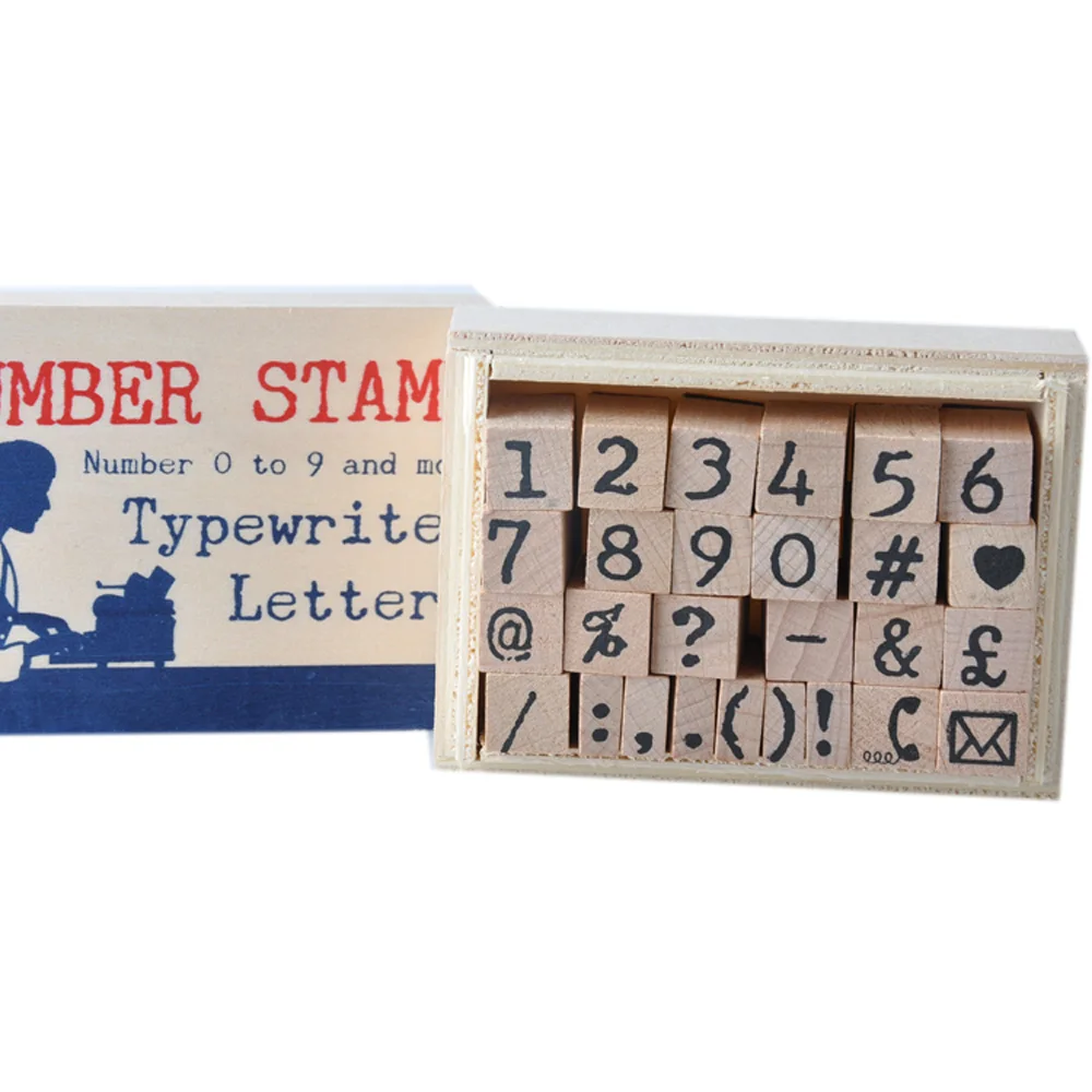 number 0 to 9 and typewriter letters wood rubber stamp set