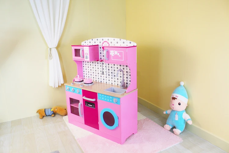 2024 High quality pink Pretend Play Kitchen Set simulation boys girls cabinet fore Wooden toys kitchen set for kids