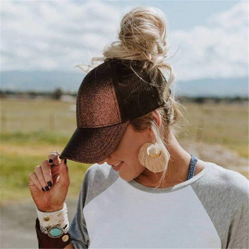 Glitter Ponytail Baseball Cap Women Snapback Hat Summer Messy Bun Mesh Hats Casual Adjustable Sport Caps