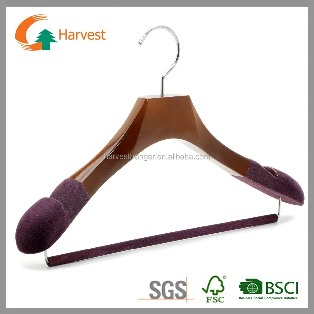 Brown color wooden coat hanger with velvet on shoulder