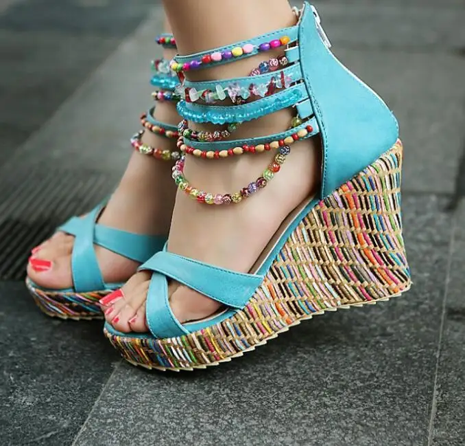 up-0053r Summer women platform sandals 43size new model bohemian style beaded women wedges shoes