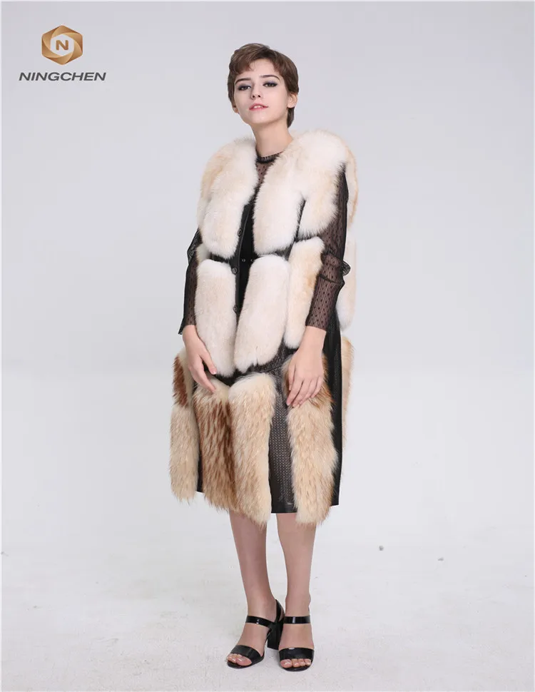 Classic Plaid Casual Long Plus Size Real Fox Fur Vest Hooded Coat Top quality women horizontal design real fox fur coat