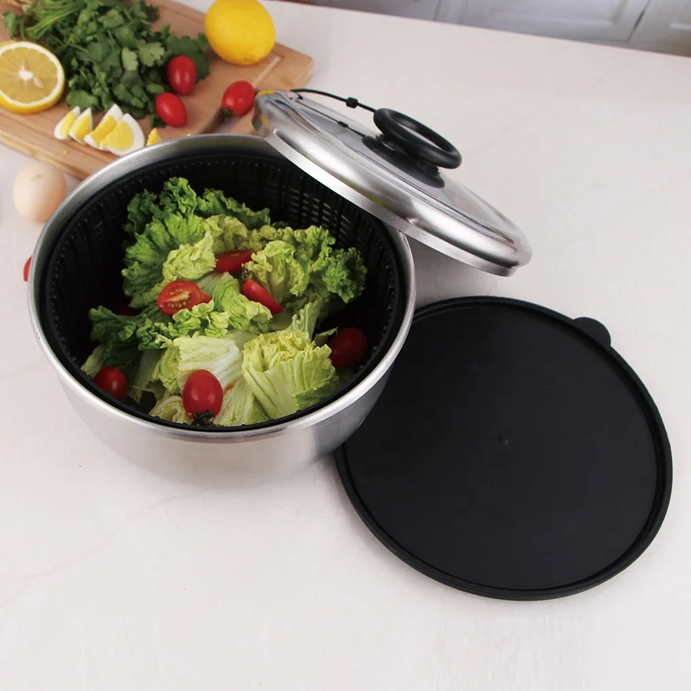 
kitchen Vegetable Veg Leaf Dryer Drainer Basket non-slip base Dishwasher Safe Bowl Stainless Steel Salad Spinner 