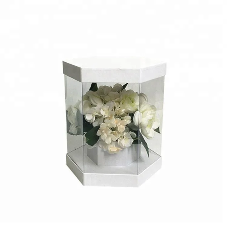 Custom printing cardboard hexagon shape PVC transparent box flower boxes
