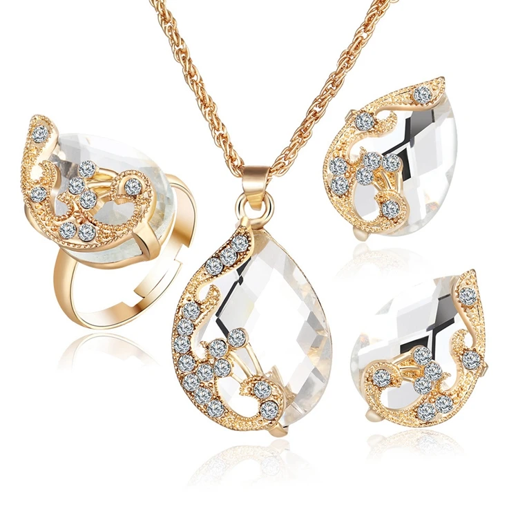 New Model Trendy Gold Tone Teardrop Gemstone Rhinestones Paved Necklace Earrings Ring Costume Jewelry Set