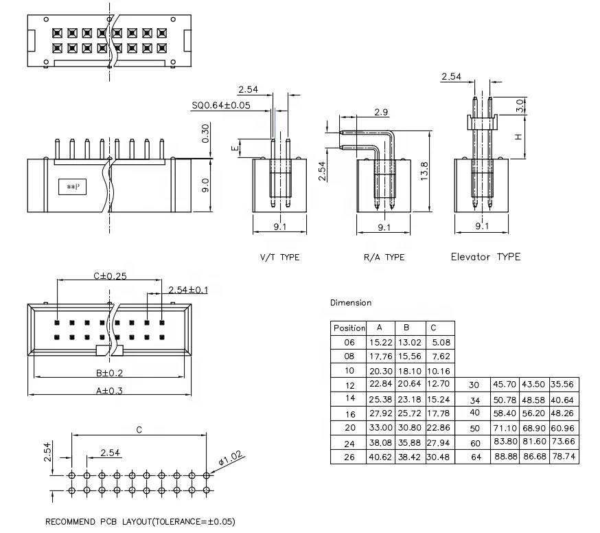
2*8P 2.54mm box header V/T DC3 connector 