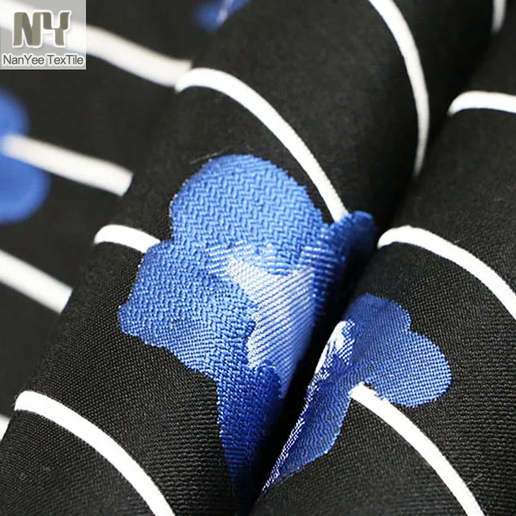 Nanyee Textile Pure Black Base Blue Flower White Stripe Polyester Blending Jacquard Fabric