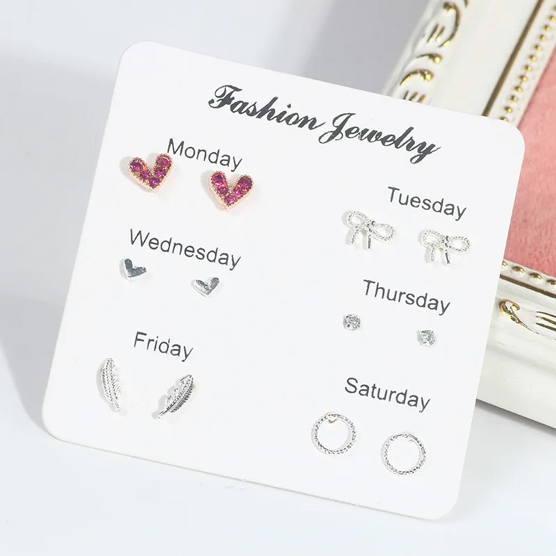 Cute silver needle color-preserving cute ear nail 100 sets of heart feather snowflake stud earing set for women
