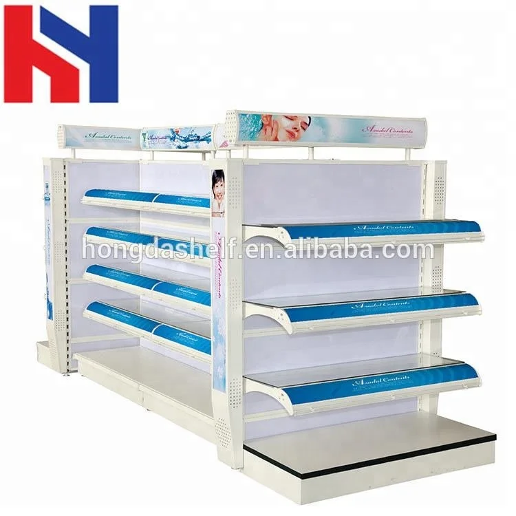 Double sided 3-4 layers gondola display cosmetic shelving for Beauty supply store equipment