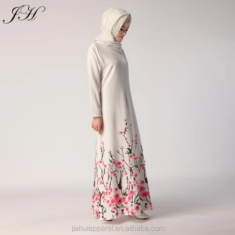 Women Muslim Abaya Dresses White Printed Long Gowns Maxi Long Sleeves Islam Festival Ladies Tradition Dresses