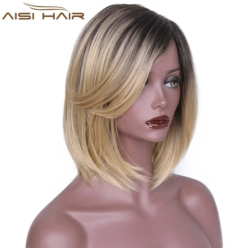 Aisi Hair The Best Selling Short Straight Bob Wigs For Black Women Synthetic Black Blonde Ombre Two Tone Color Hair Wig