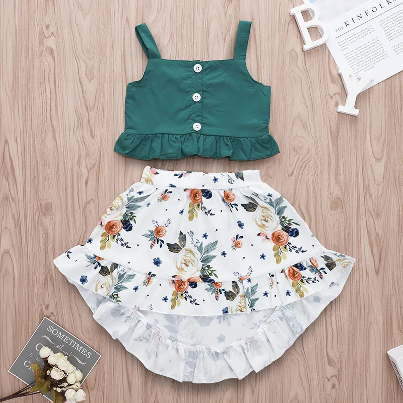 
2019 new summer girls green buttons tops & floral full print dress skirt 2pc set 