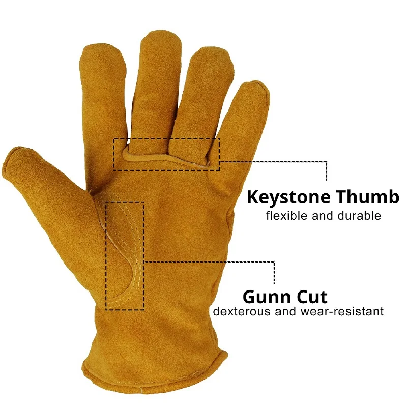 Yellow cow split leather mens winter work gloves warm