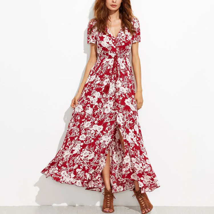 2018 New Fashion Rayon Floral Print Ladies Sexy Summer long Maxi Dress