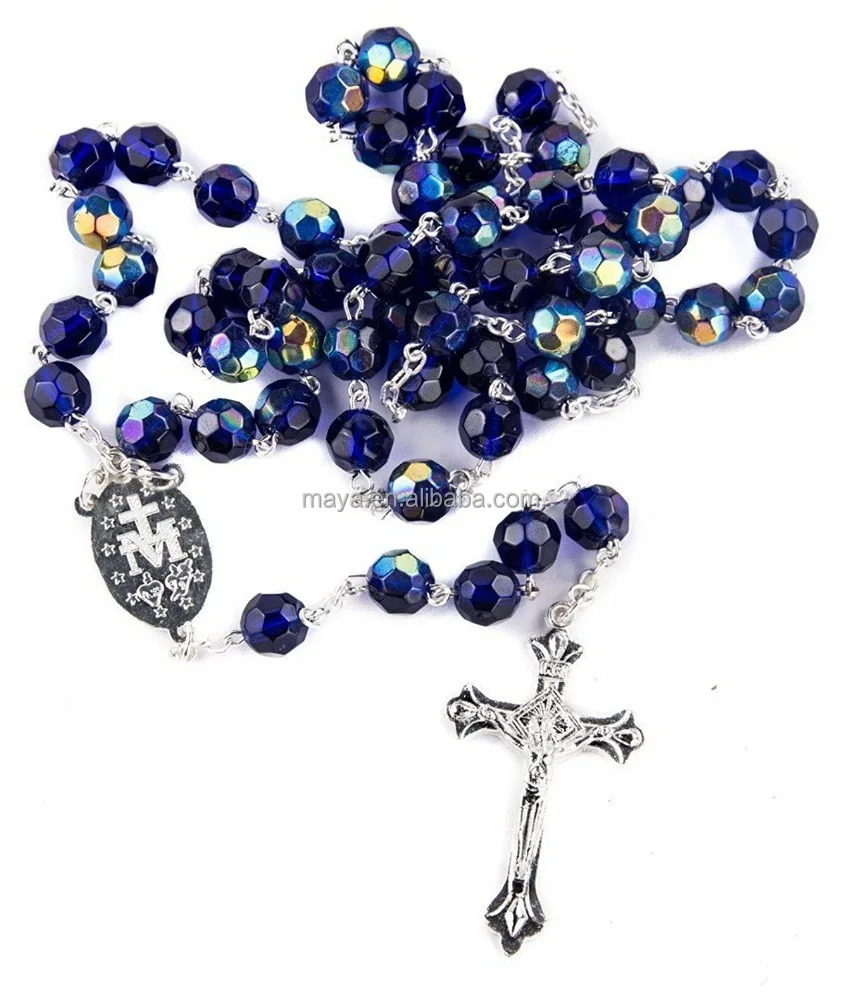 
New Catholic Rosary Blue Crystal Beads Necklace Miraculous Medal Crucifix 