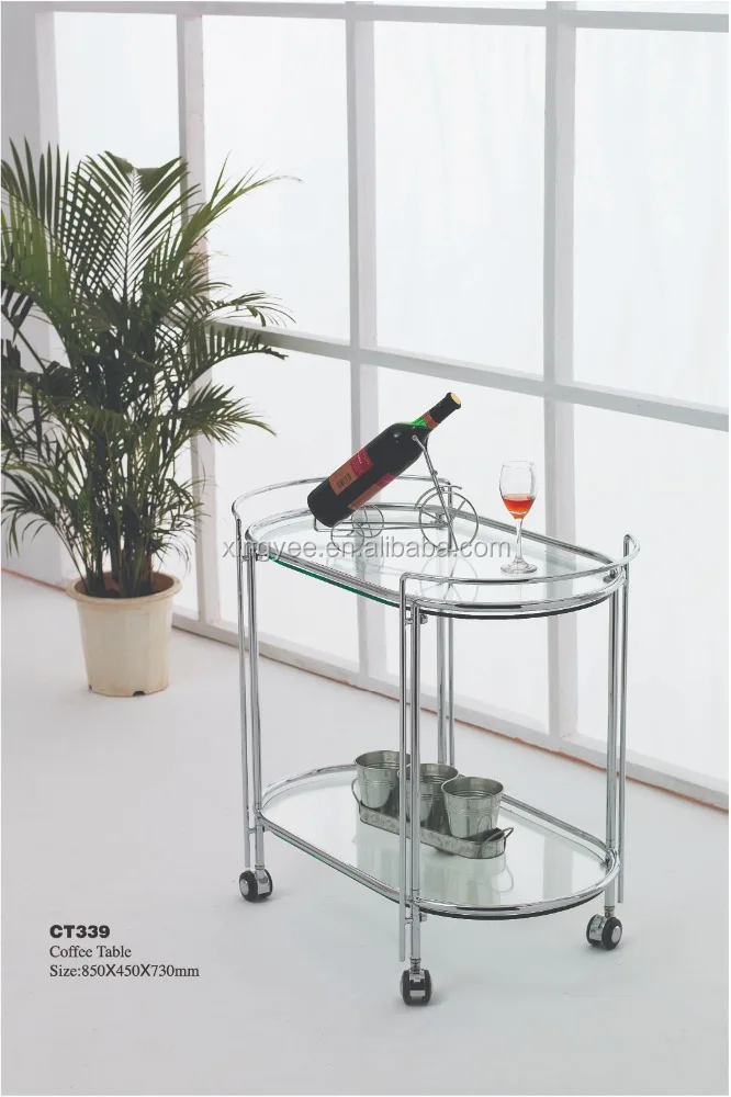 
Modern living room hotel restaurant wine food trolley cart furniture chrome steel frame tempered glass oval tea trolley 