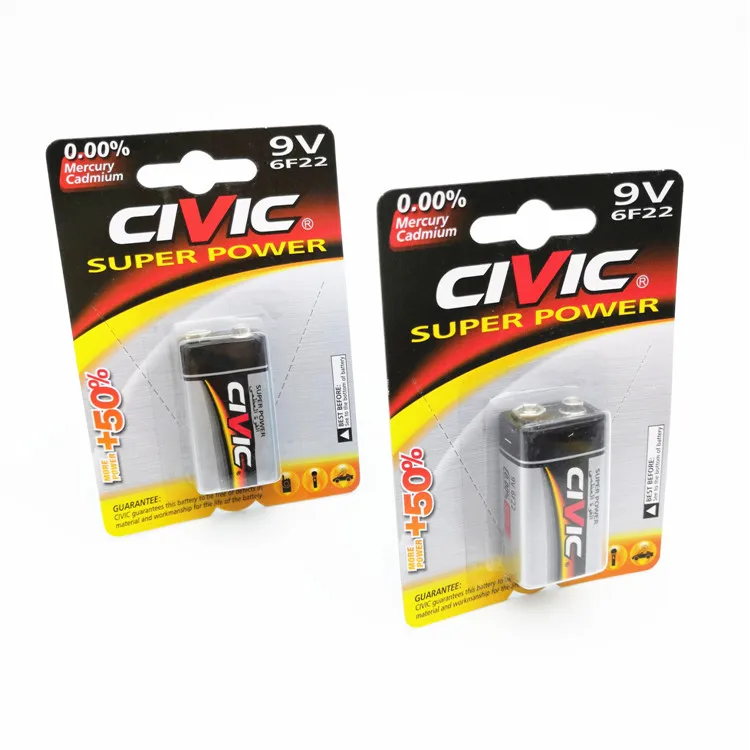 1.5V 6F22 9V Battery Zinc Carbon for Flashlight Blister Card Civic 26 Hours