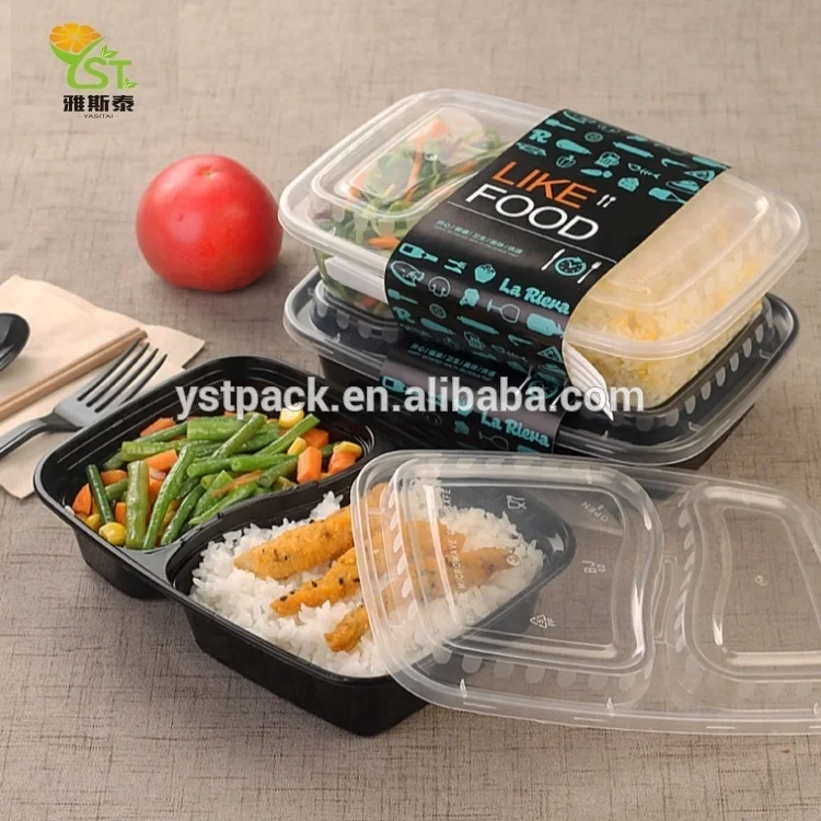 Disposable black plastic pp takeaway square 3-compartment bento lunch box food containers