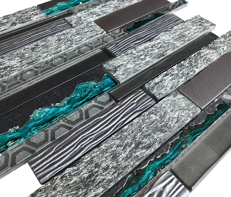 Wall Decorative Backsplash Tile Irregular Strip Glass Stone Mosaic Tile