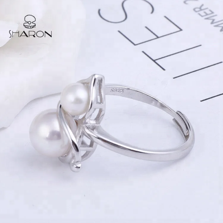Hot Sale Jewelry Gourd Shaped Sterling Silver Adjustable Natural Freshwater 2 White Pearl Ring