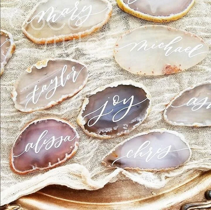 Cocostyles personalized customized blank beautiful white agate guest name cards with handwriting for aesthetic wedding party