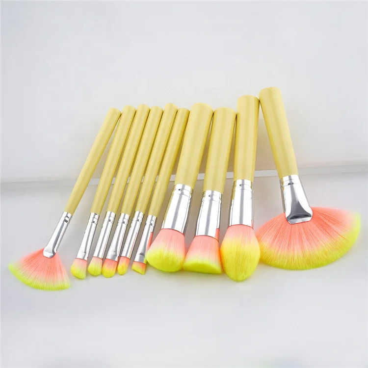 Wholesale High Quality Pink Yellow Beautiful Synthetic Pro Professional Makeup Brushes 10 Set Private Label