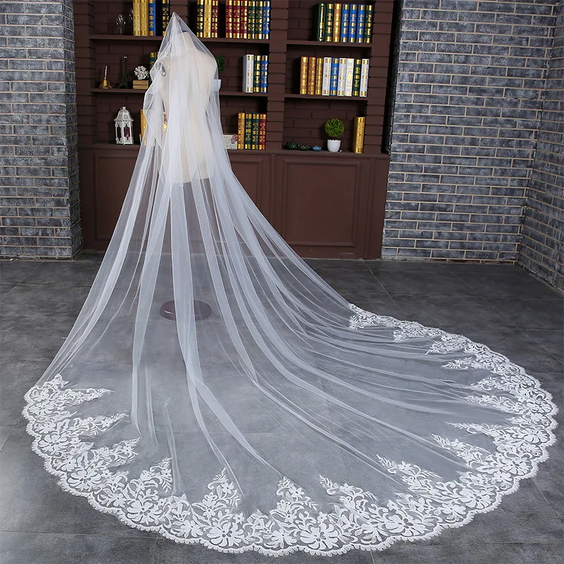 Luxury 3M 4M 5M Cathedral Wedding Veils One Layer Long Lace Bridal Veil Wedding Accessories Bride Mantilla Wedding Veil