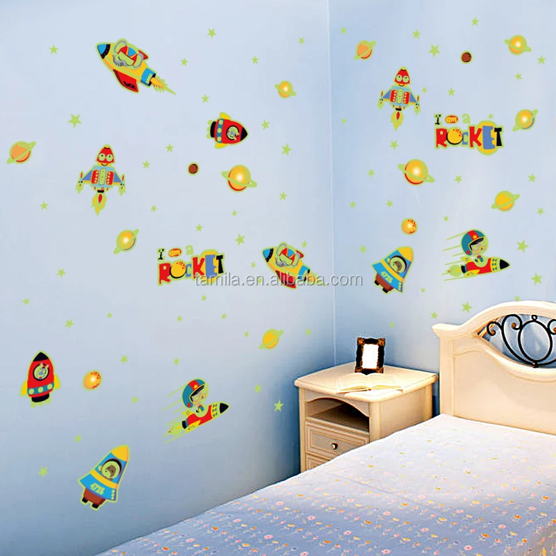 Night Glowing Spaceship Moon Star Fluorescent Sticker For Living Room Decorative PVC Wallpaper