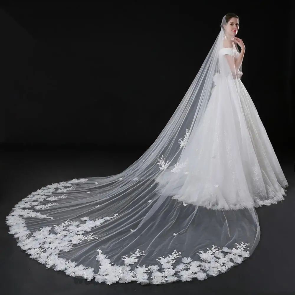 
4m Long Soft Tulle Lace appliques with 3D flowers Edging Muslim Bridal Veil Cathedral Train Wedding Veil 