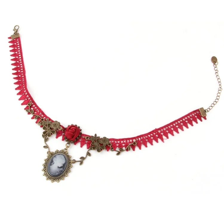 Red Rose Accessory Beauty Head Pendant Vintage Choker Necklace