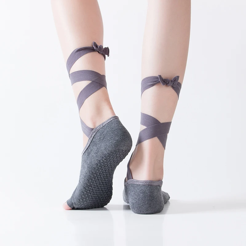 
Good Quality Women Solid Cotton Non Slip Grip Toeless Ribbon Yoga Dance Socks 