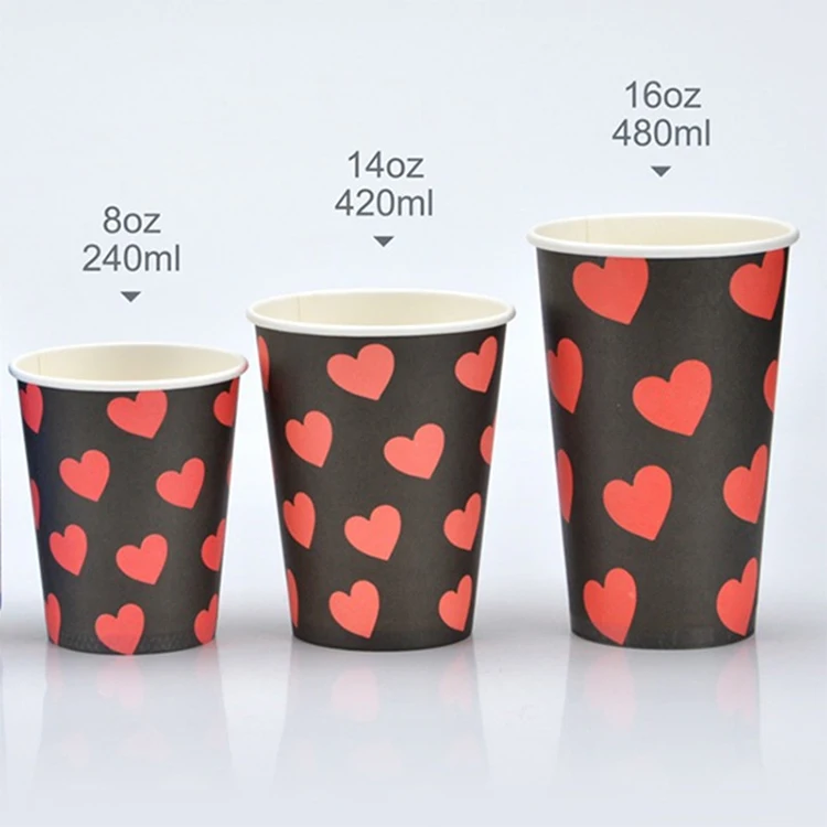Wholesale disposable red love pattern hot drink packaging paper coffee carton cup with lids
