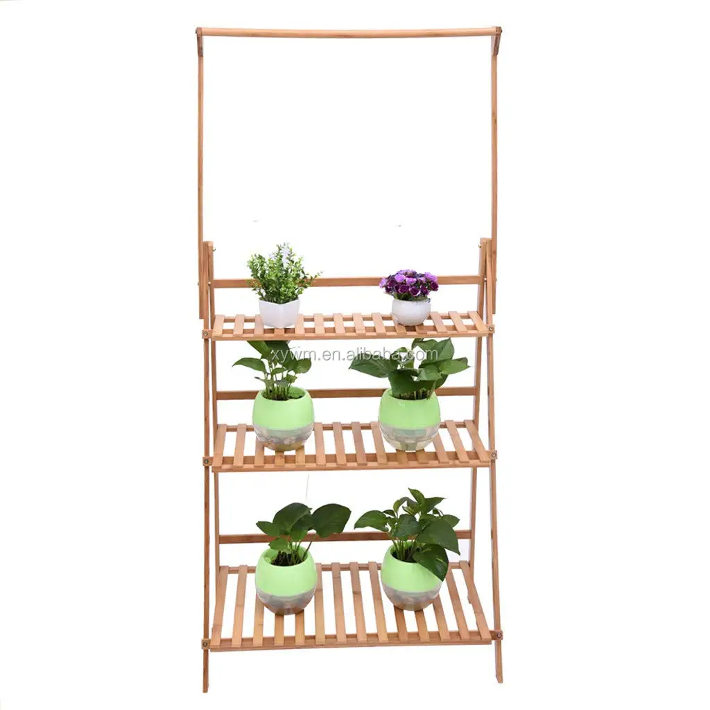 Bamboo Ladder Plant Stand, 3 Tier Foldable Hanging Plant Flower Pot Display Shelf