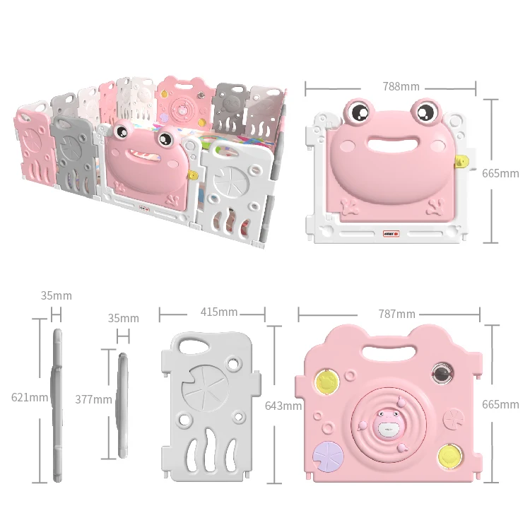 
Frog Cute Pink Plastic Baby Girl Playpen Indoor Baby Kids Panel Safety Play Center Yard Home Outdoor Fence with 16+2 Panel 